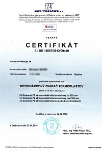 Certifikát - medzinárodný zvárač termoplastov