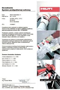 Osvedčenie - systém protipožiarnej ochrany