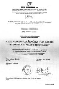 Certifikát - medzinárodný zváračský technológ