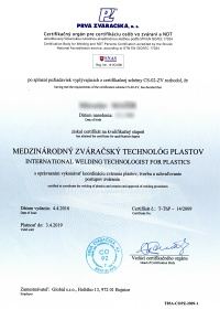Certifikát - medzinárodný zváračský technológ plastov
