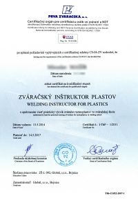 Certifikát - zváračský inštruktor plastov