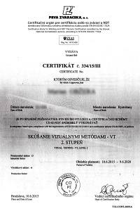 Certifikát - skúšanie vizuálnymi metódami
