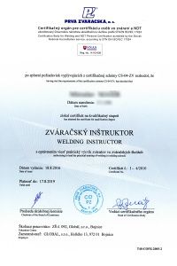 Certifikát - zváračský inštruktor